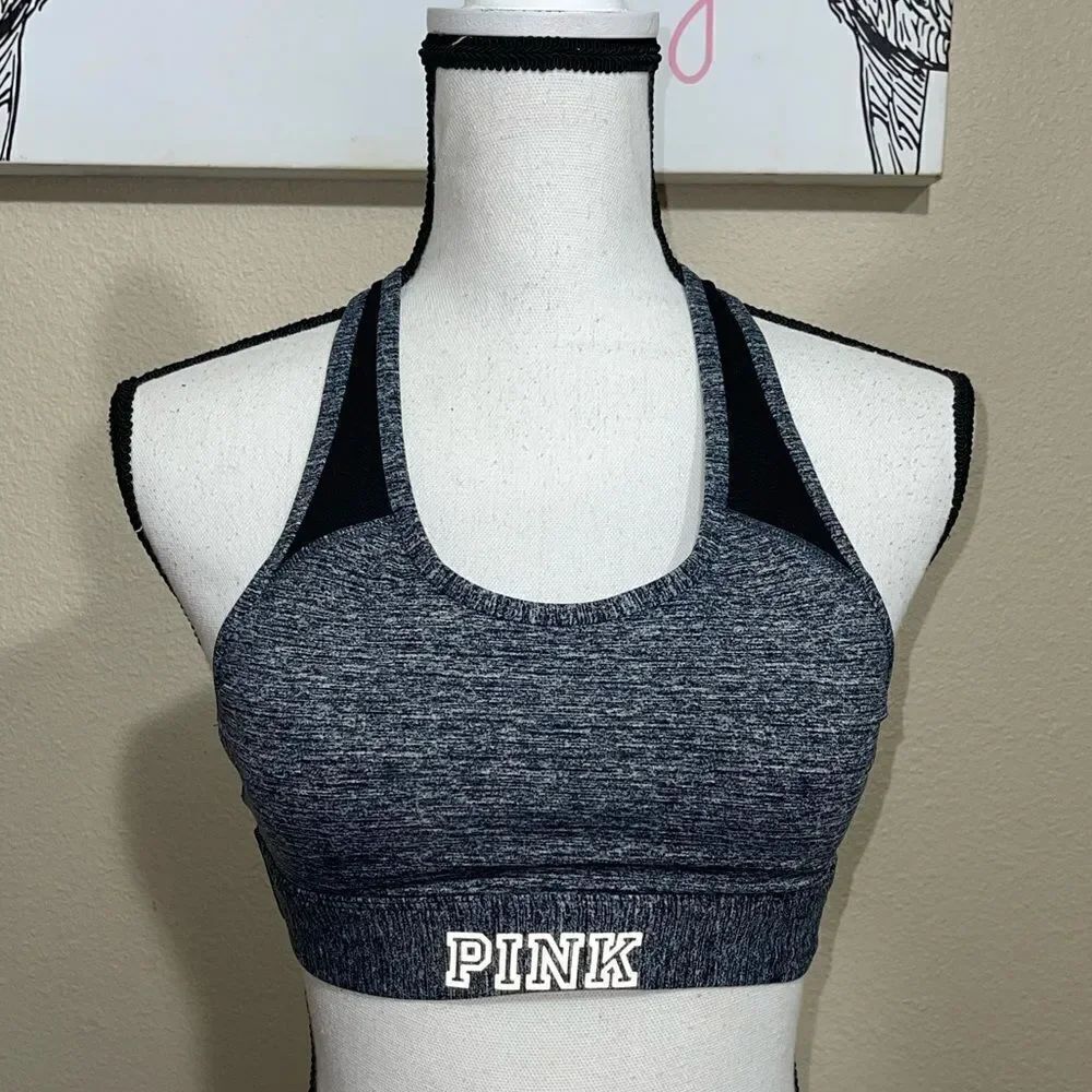 💜 Victoria's Secret Pink Ultimate Yoga Lightly Lined Gray Racerback Sports Bra